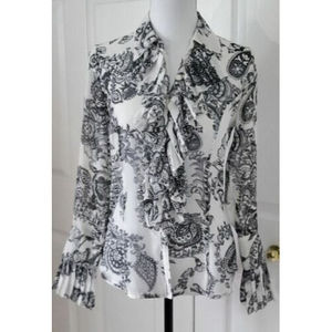 Cabi Black White Semi-Sheer Blouse Button Up Ruffle Neck Top Size XS EUC